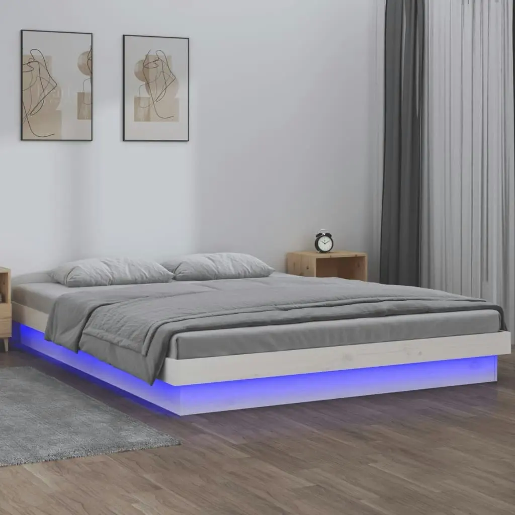 LED Bed Frame White 137x187 cm Double Size Solid Wood 820013