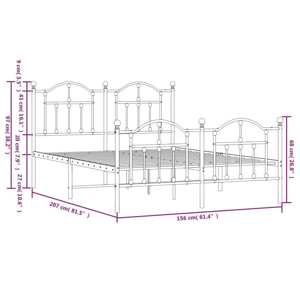 Metal Bed Frame with Headboard and Footboard White 153x203 cm Queen 353508