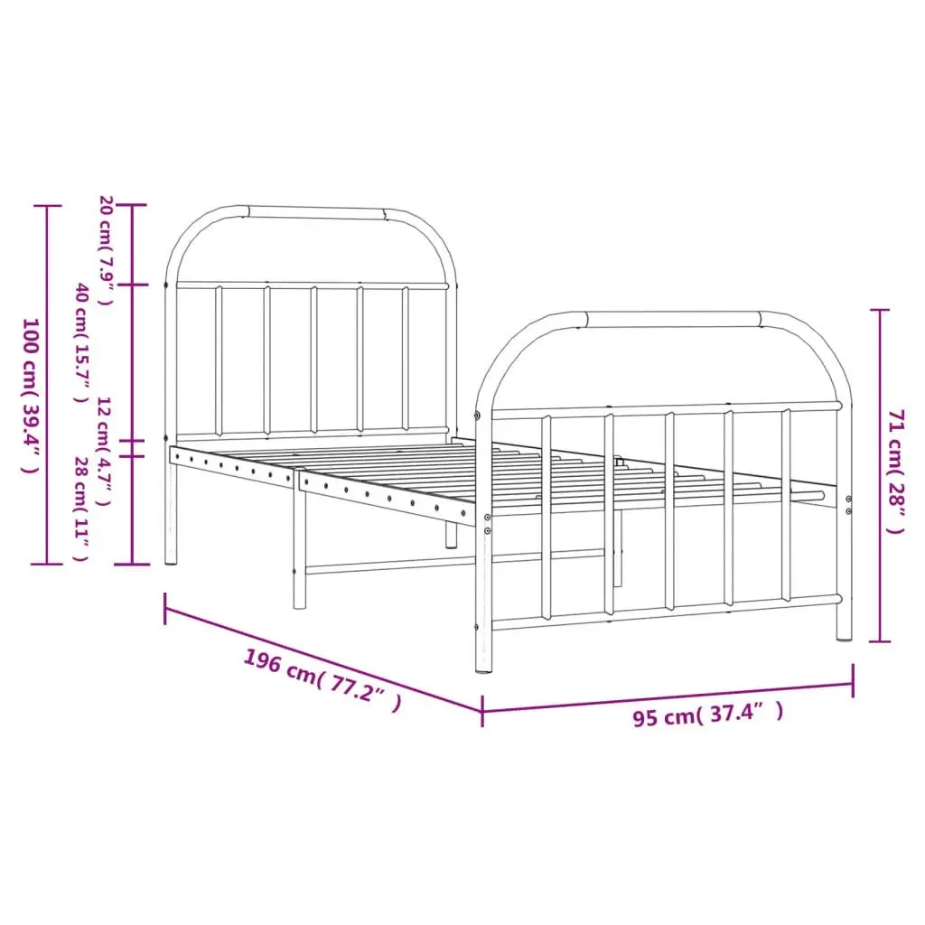 Metal Bed Frame with Headboard and Footboard White 92x187 cm Single Size 353694