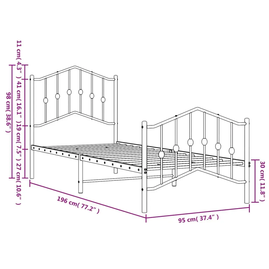 Metal Bed Frame with Headboard and FootboardÂ Black 92x187 cm Single Size 373799