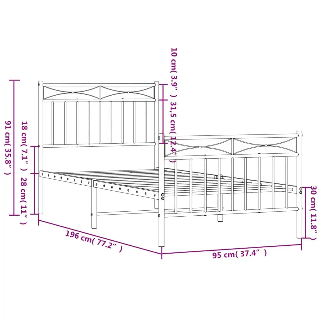 Metal Bed Frame with Headboard and FootboardÂ White 92x187 cm Single Size 373750