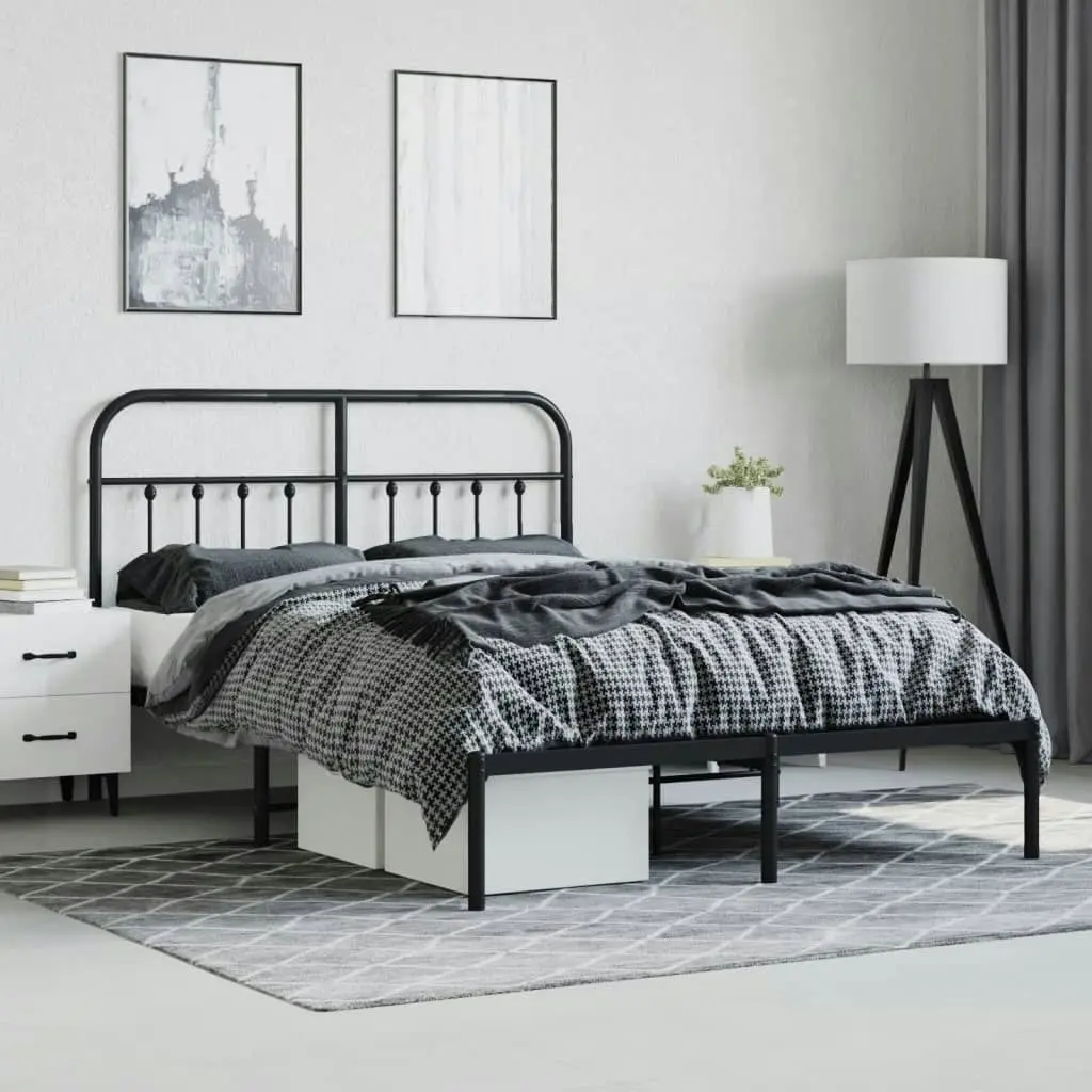 Metal Bed Frame with Headboard Black 137x187 cm Double Size 352577