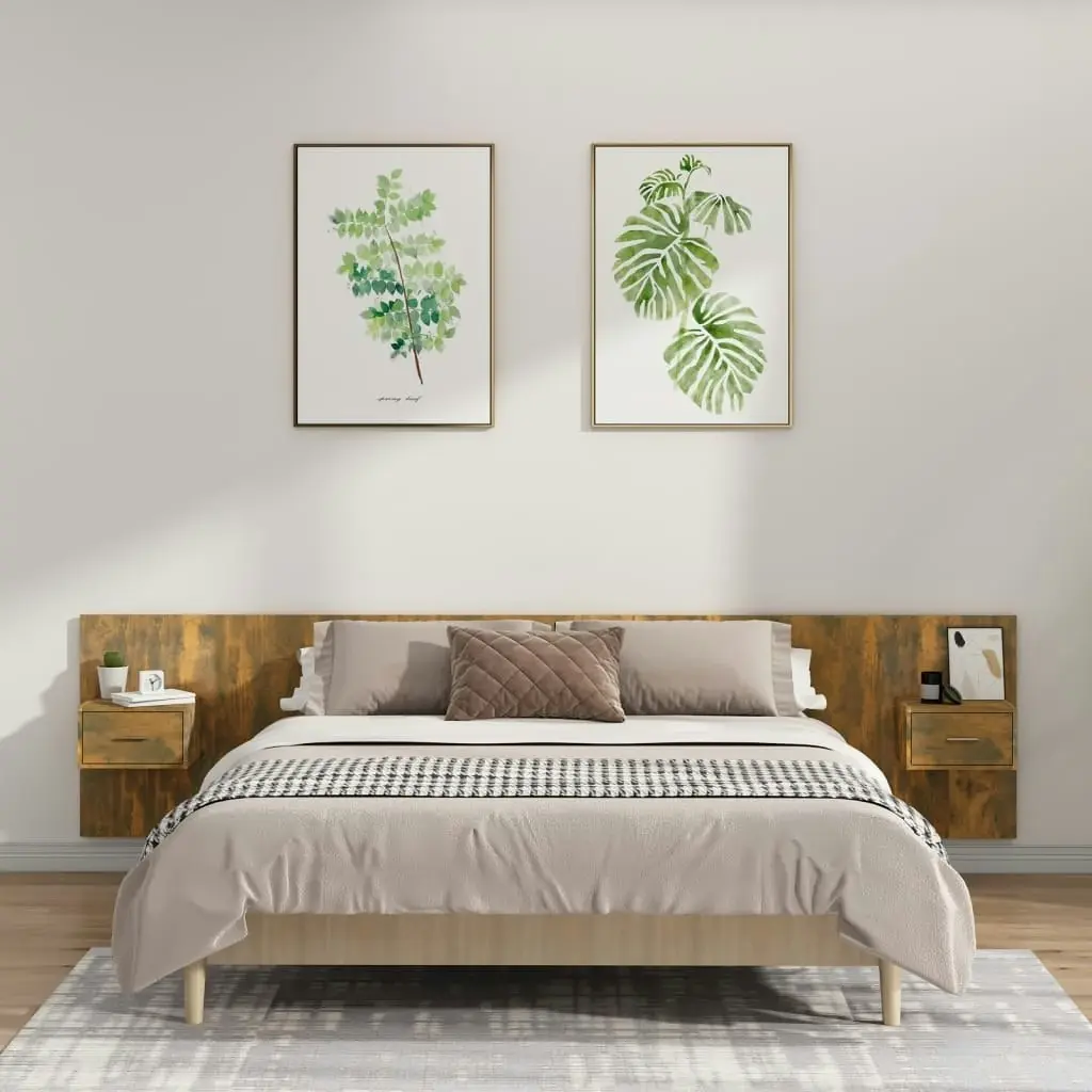 Bed Headboard with Cabinets Smoked Oak Engineered Wood 3115753