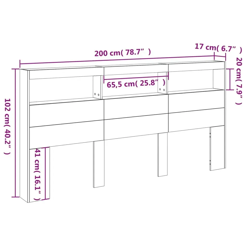 Headboard Cabinet with LED Black 200x17x102 cm 839218