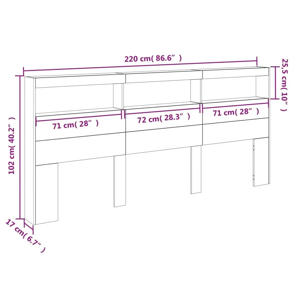 Headboard Cabinet with LED Black 220x17x102 cm 839225