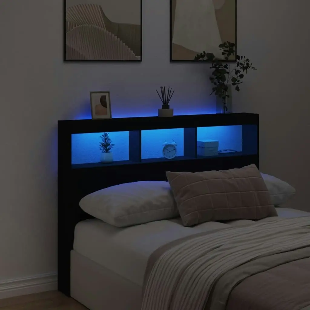 Headboard Cabinet with LED Black 140x17x102 cm 839197