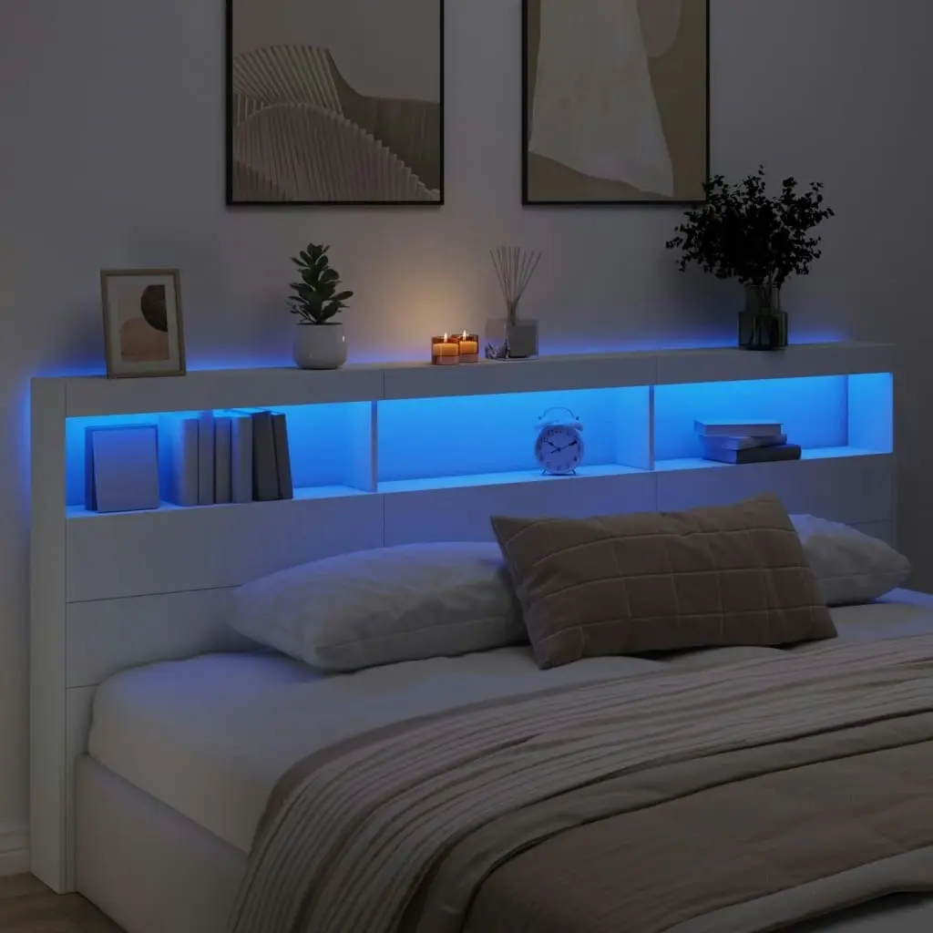 Headboard Cabinet with LED White 220x17x102 cm 839224