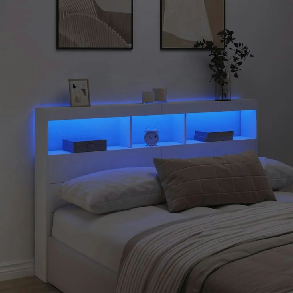 Headboard Cabinet with LED White 160x17x102 cm 839203