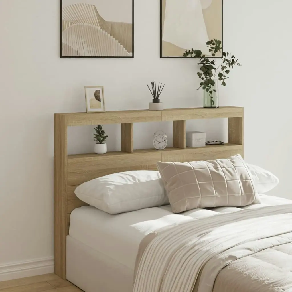 Headboard Cabinet with LED Sonoma Oak 140x17x102 cm 839198