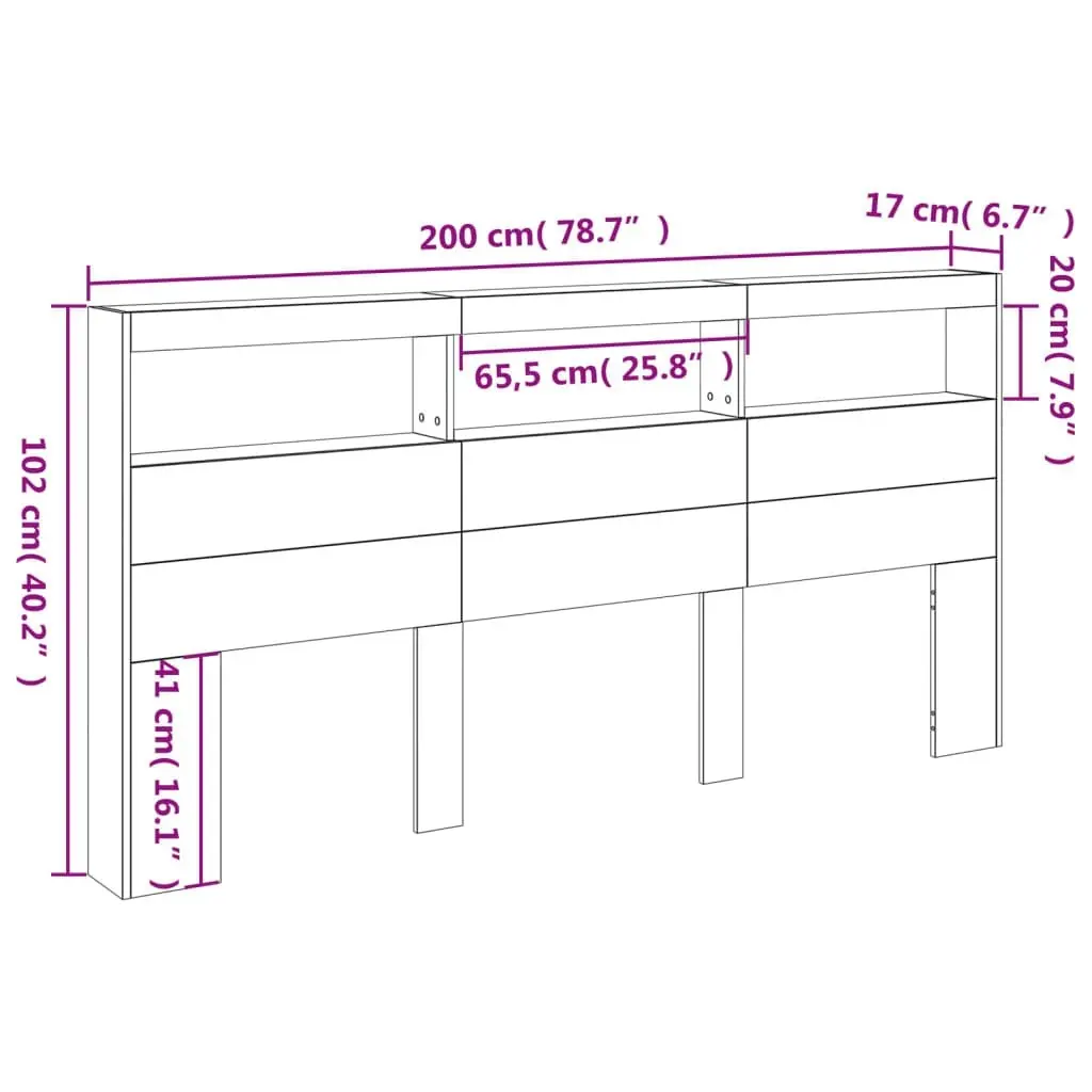 Headboard Cabinet with LED Sonoma Oak 200x17x102 cm 839219