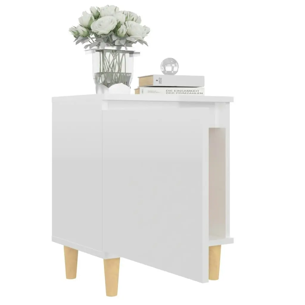 Bed Cabinet  with Solid Wood Legs High Gloss White 40x30x50cm 805827