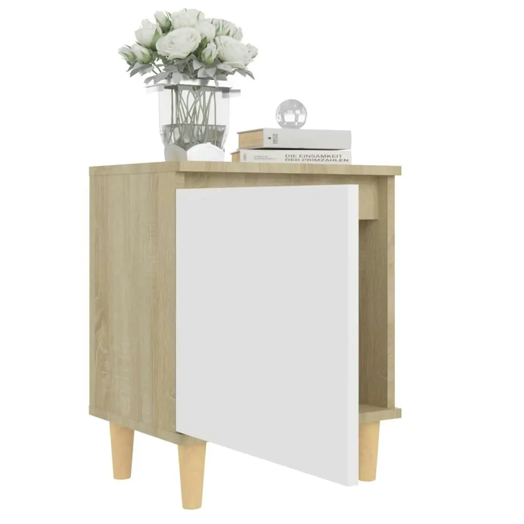 Bed Cabinet with Solid Wood Legs Sonoma Oak & White 40x30x50cm 805825