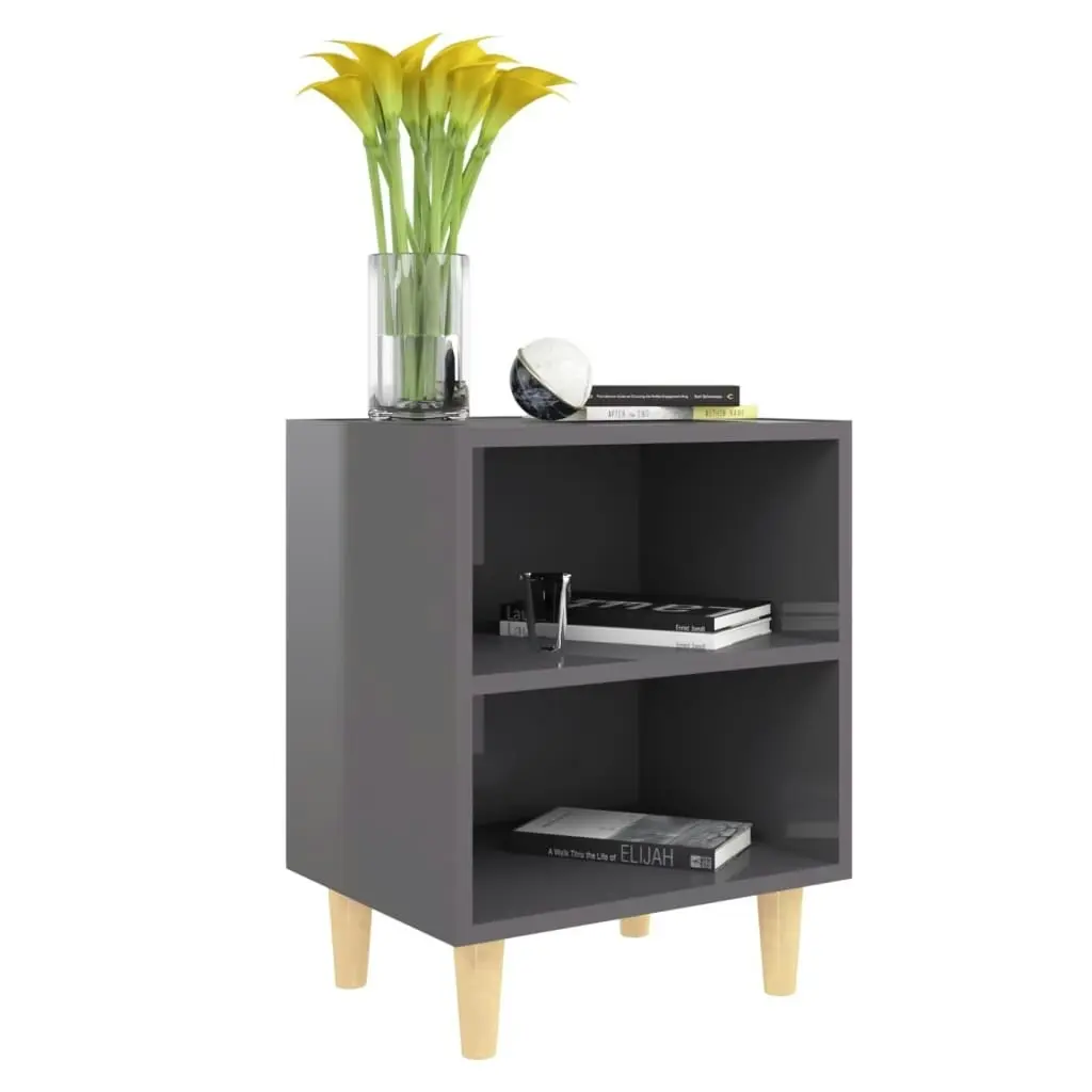 Bed Cabinet with Solid Wood Legs High Gloss Grey 40x30x50 cm 805795