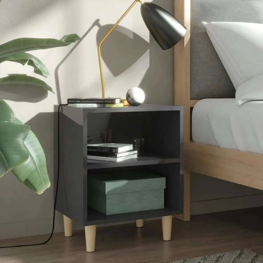 Bed Cabinet with Solid Wood Legs High Gloss Grey 40x30x50 cm 805795