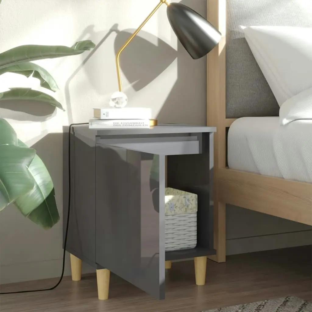 Bed Cabinet with Solid Wood Legs High Gloss Grey 40x30x50 cm 805831