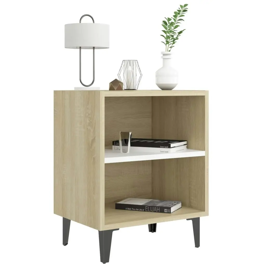 Bed Cabinets Metal Legs 2 pcs Sonoma Oak and White 40x30x50 cm 805808