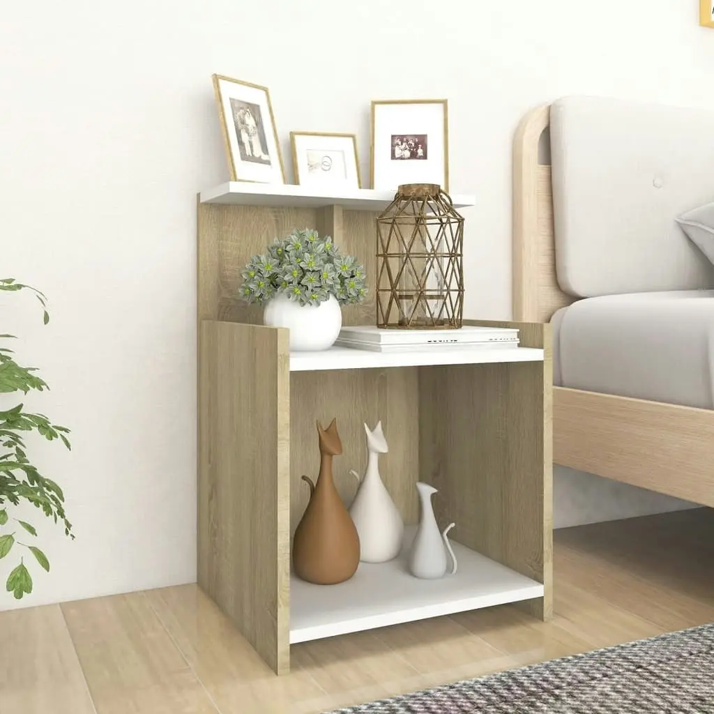 Bed Cabinet White and Sonoma Oak 40x35x60 cm Engineered Wood 806185