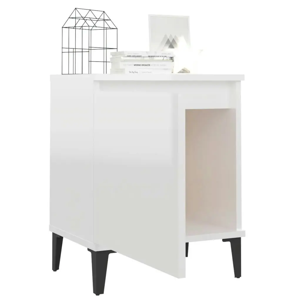 Bed Cabinet with Metal Legs High Gloss White 805846