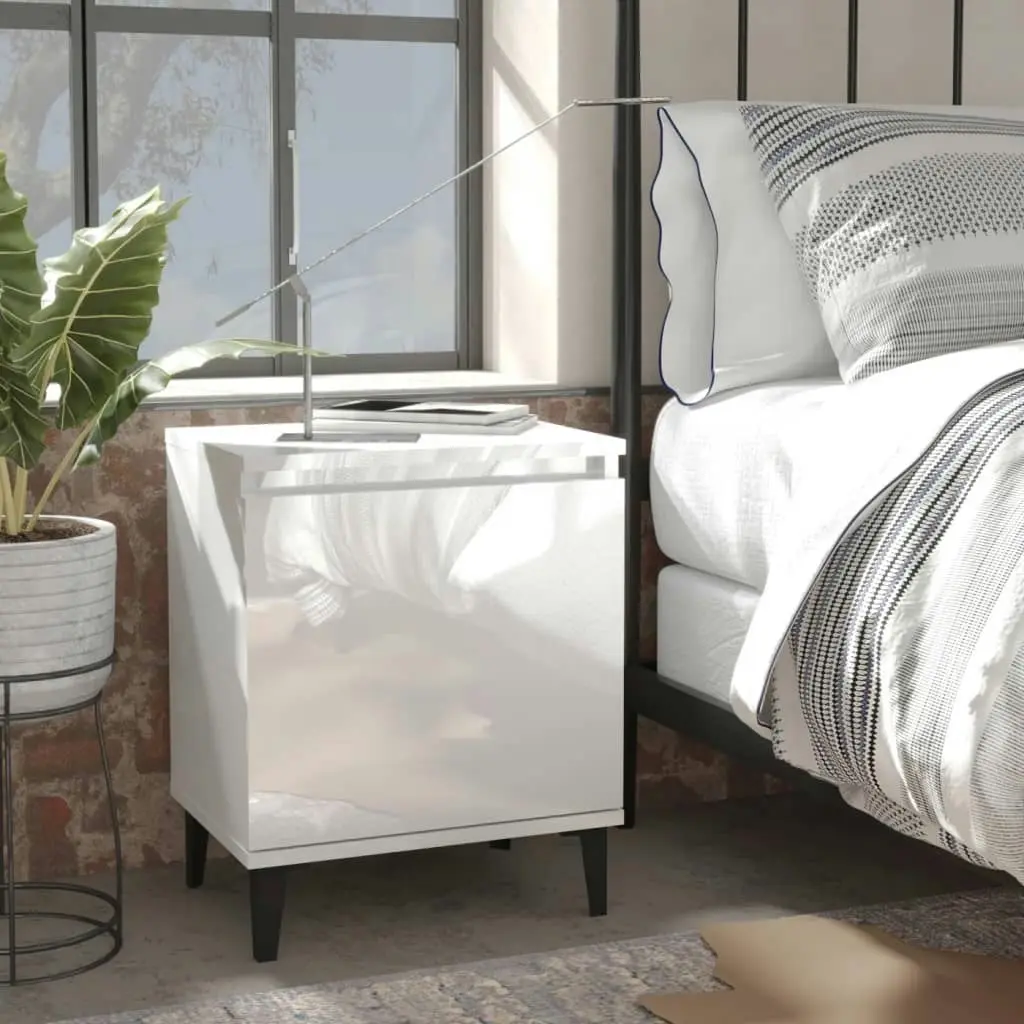 Bed Cabinet with Metal Legs High Gloss White 805846