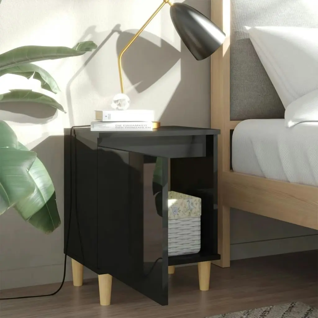 Bed Cabinet with Solid Wood Legs High Gloss Black 40x30x50cm 805829