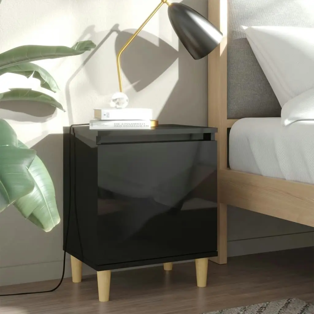 Bed Cabinet with Solid Wood Legs High Gloss Black 40x30x50cm 805829