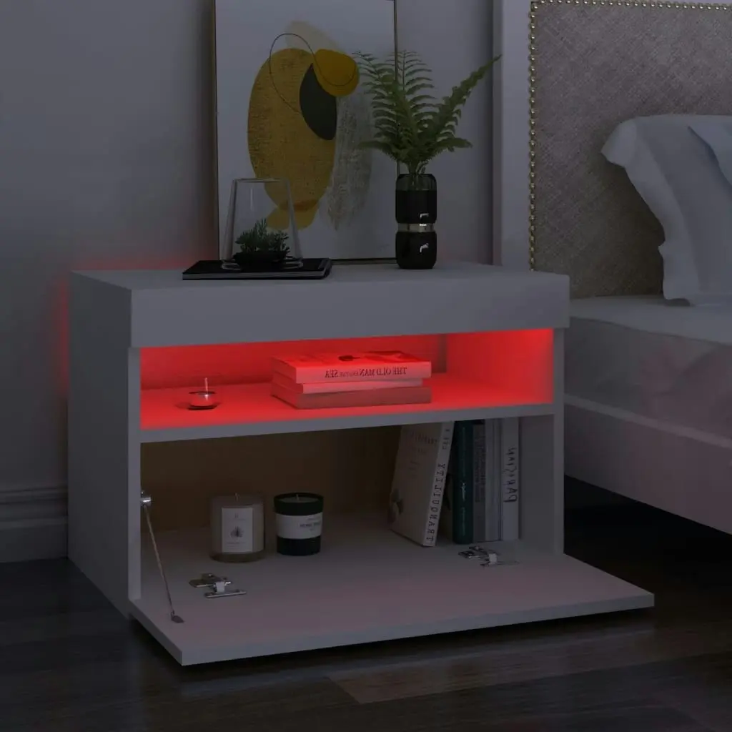 Bedside Cabinet & LED Lights White 60x35x40 cm Engineered Wood 3082774