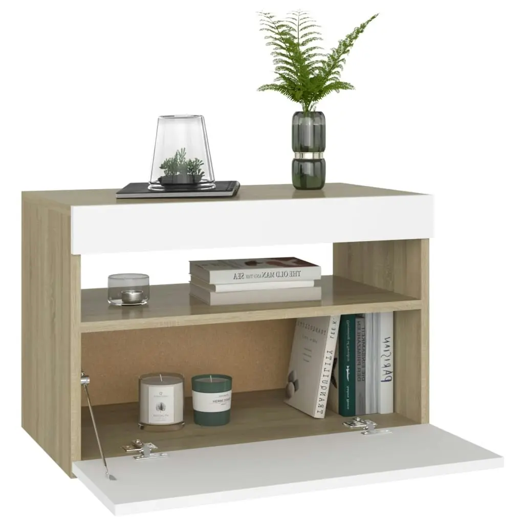 Bedside Cabinet & LED Lights 2 pcs White and Sonoma Oak 60x35x40 cm 3082785