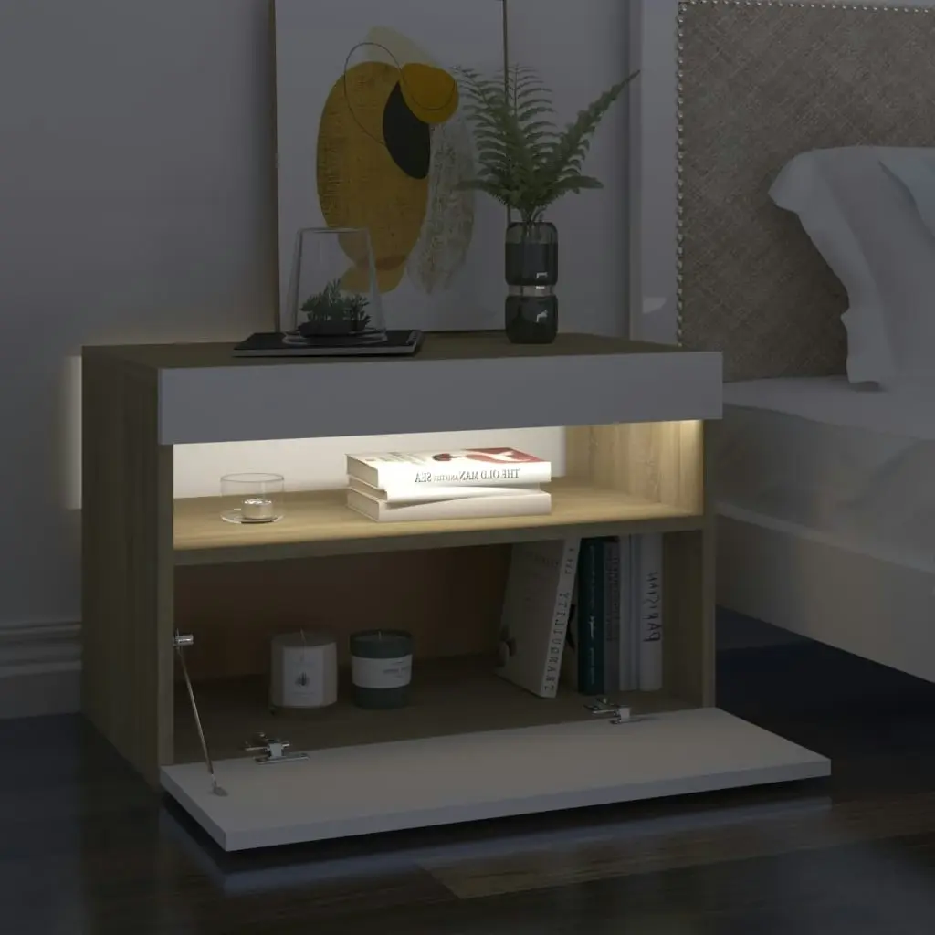 Bedside Cabinet & LED Lights 2 pcs White and Sonoma Oak 60x35x40 cm 3082785