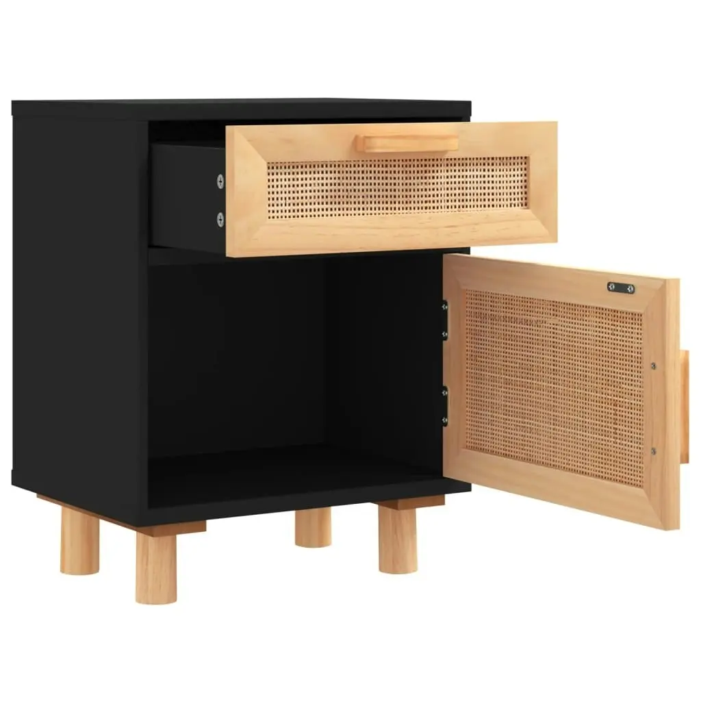 Bedside Cabinets 2 pcs Black Solid Wood Pine and Natural Rattan 345609