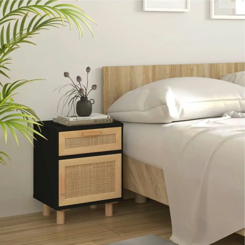 Bedside Cabinets 2 pcs Black Solid Wood Pine and Natural Rattan 345609