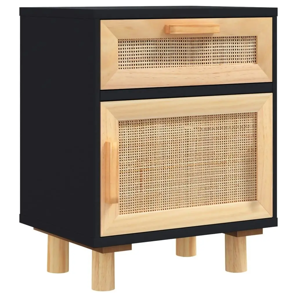 Bedside Cabinets 2 pcs Black Solid Wood Pine and Natural Rattan 345609