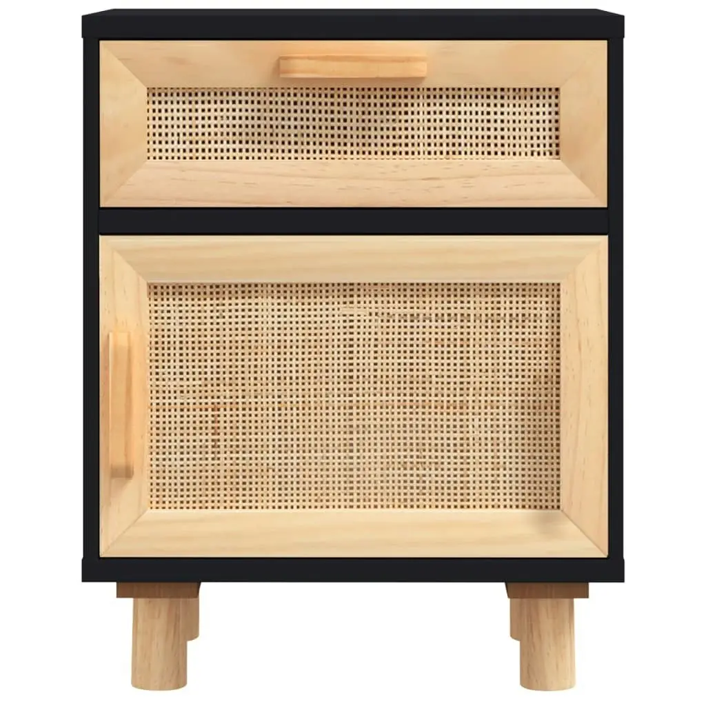 Bedside Cabinets 2 pcs Black Solid Wood Pine and Natural Rattan 345609