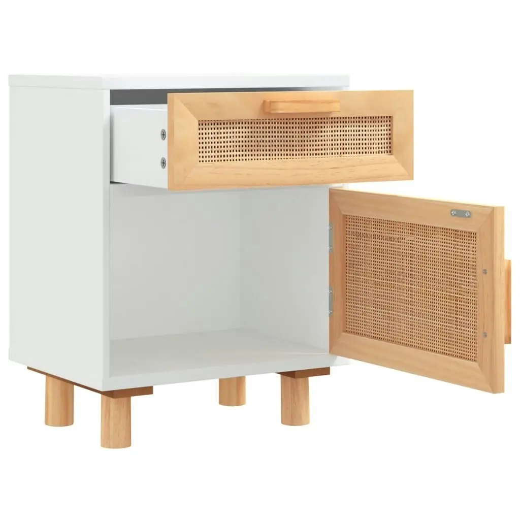 Bedside Cabinets 2 pcs White Solid Wood Pine and Natural Rattan 345607