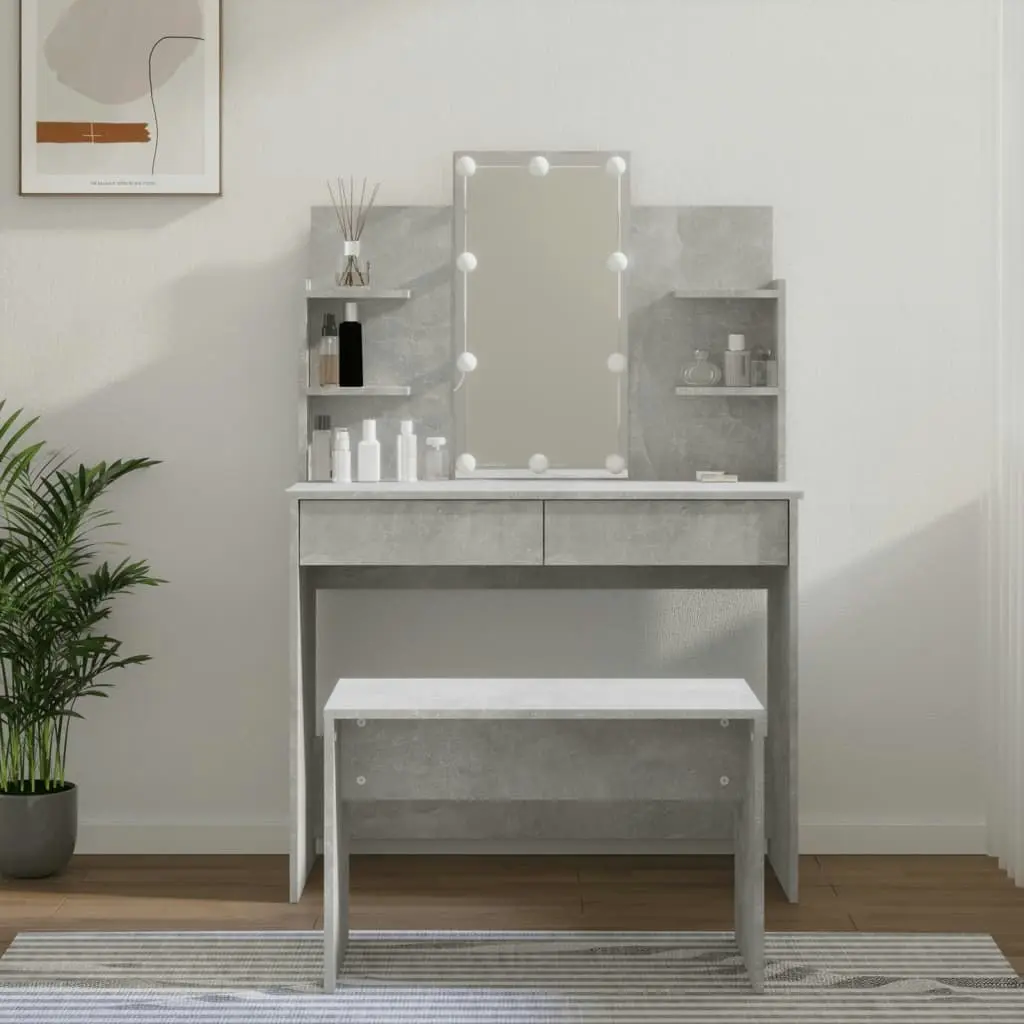 Dressing Table Set with LED Concrete Grey Engineered Wood 3114126