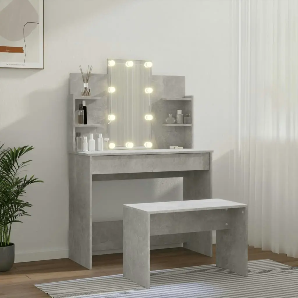 Dressing Table Set with LED Concrete Grey Engineered Wood 3114126