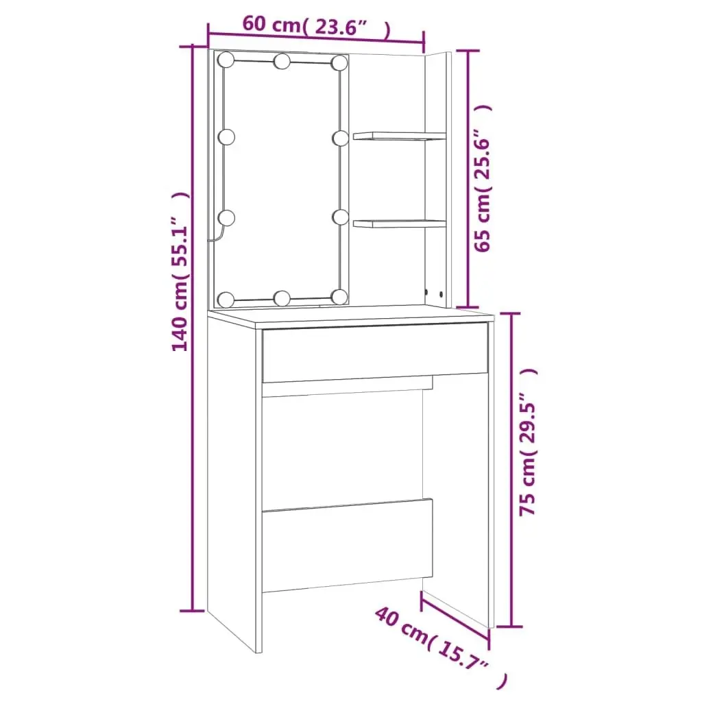 Dressing Table with LED Smoked Oak 60x40x140 cm 820442