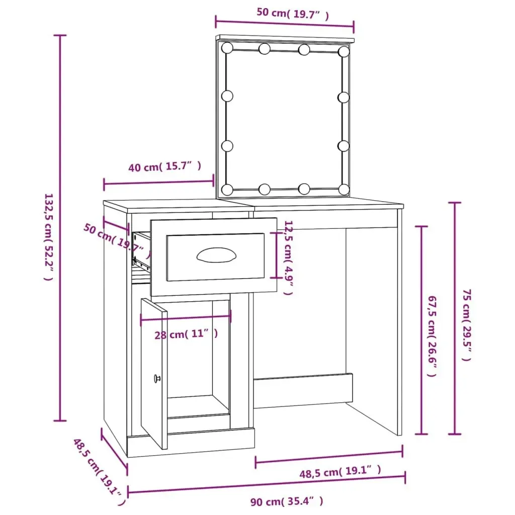 Dressing Table with LED Smoked Oak 90x50x132.5 cm Engineered Wood 816773