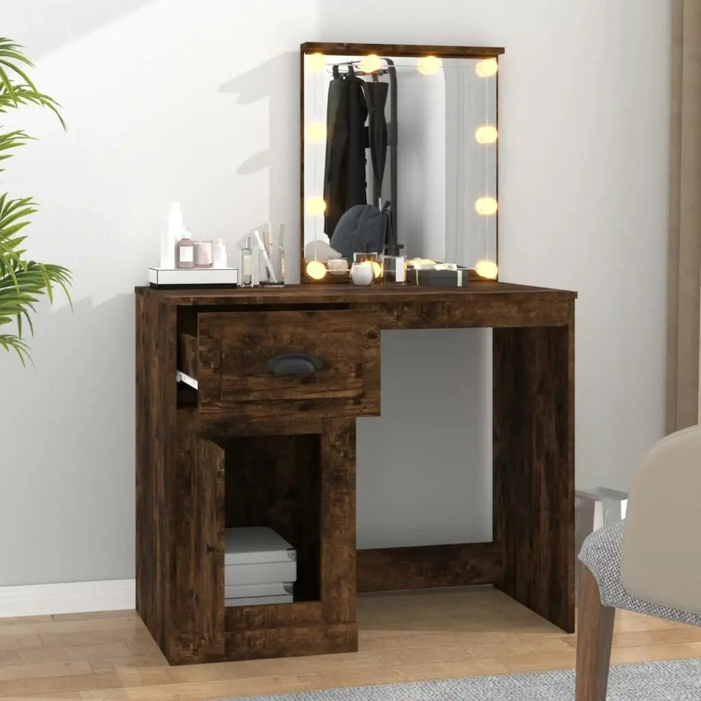 Dressing Table with LED Smoked Oak 90x50x132.5 cm Engineered Wood 816773