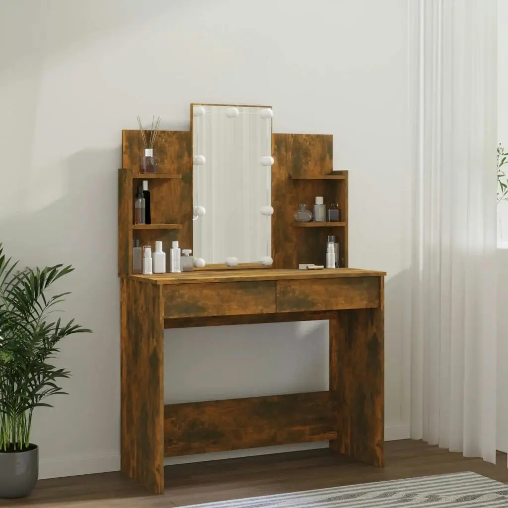 Dressing Table with LED Smoked Oak 96x40x142 cm 820487