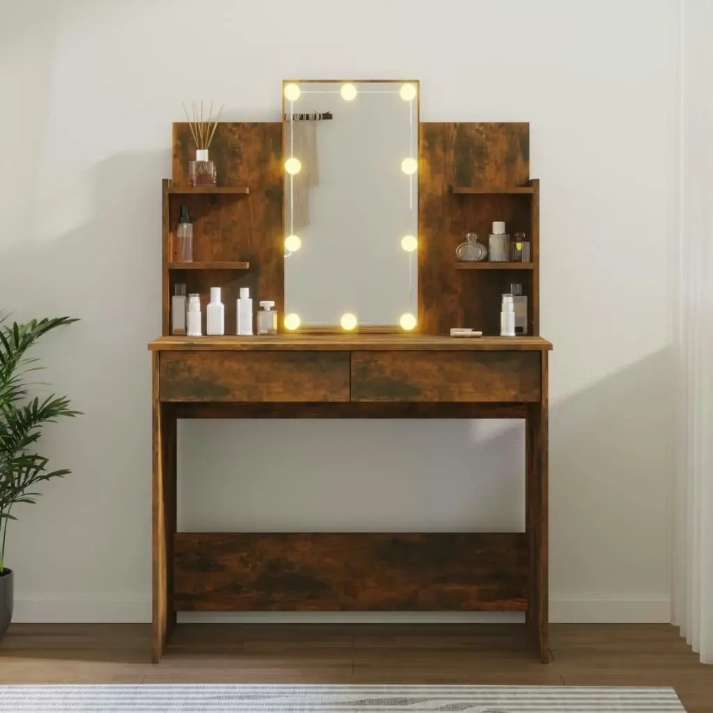 Dressing Table with LED Smoked Oak 96x40x142 cm 820487