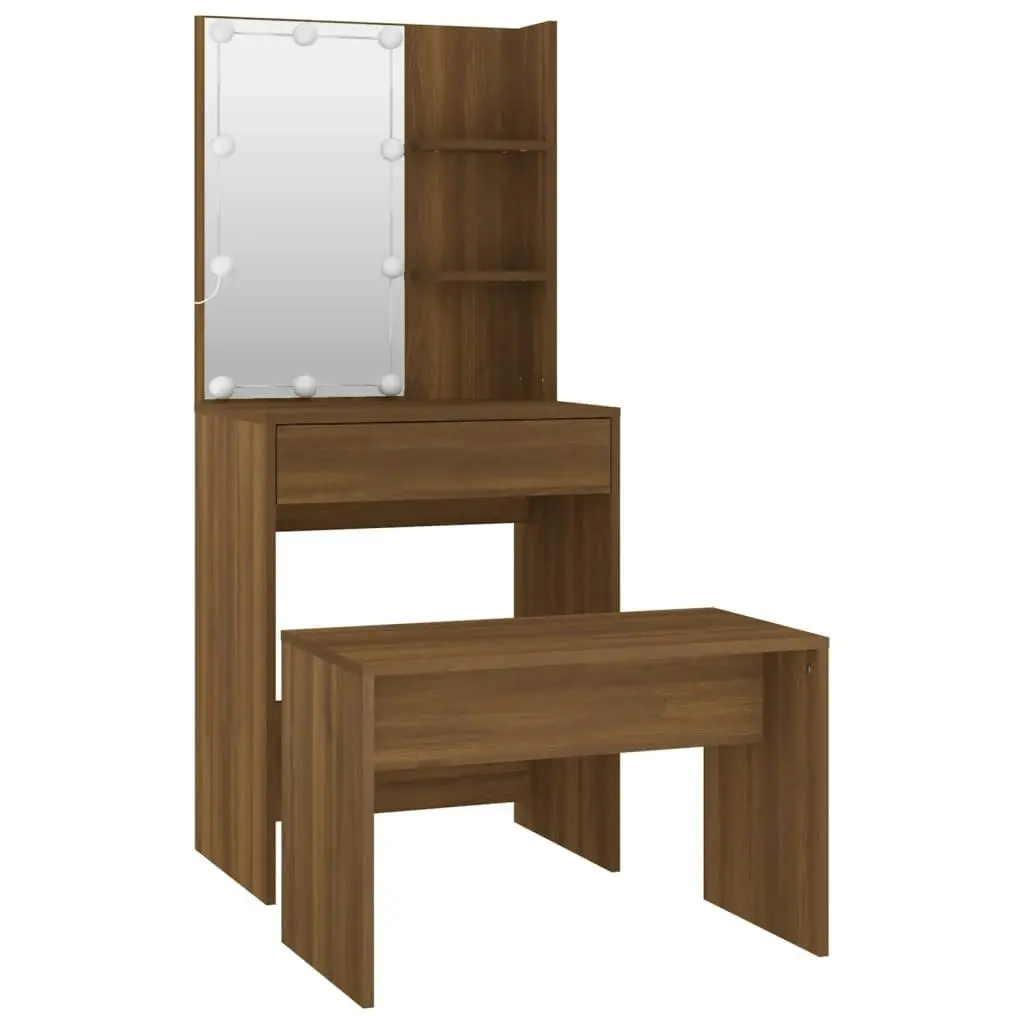 Dressing Table Set with LED Brown Oak Engineered Wood 3114138