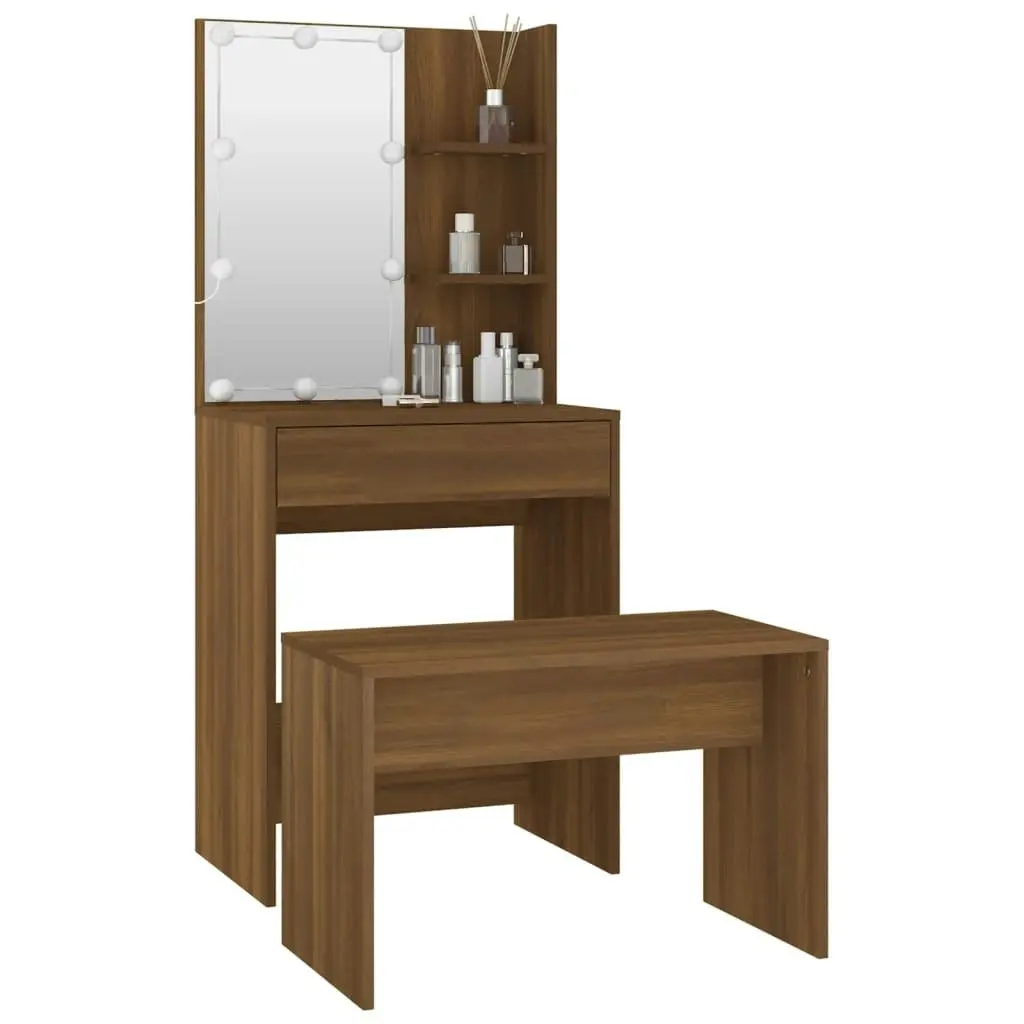 Dressing Table Set with LED Brown Oak Engineered Wood 3114138