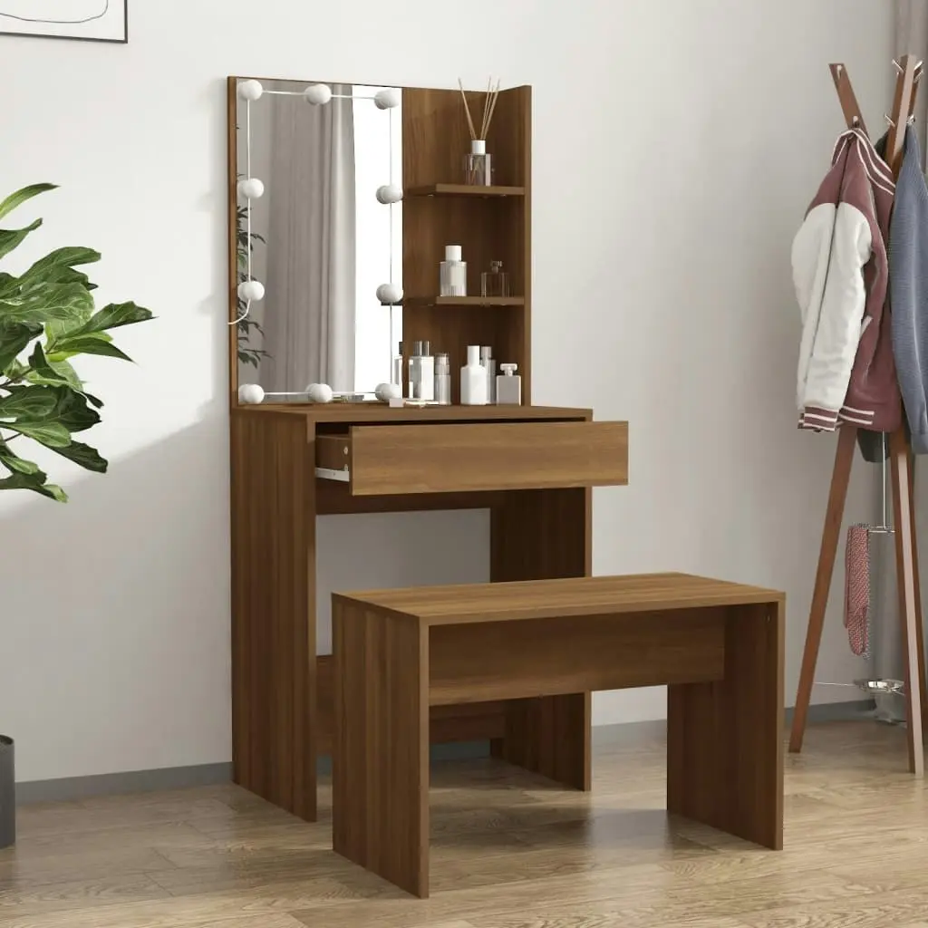 Dressing Table Set with LED Brown Oak Engineered Wood 3114138