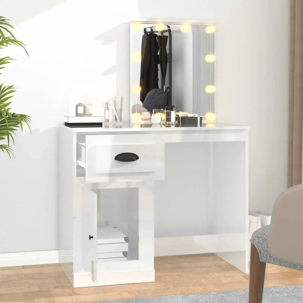 Dressing Table with LED High Gloss White 90x50x132.5 cm Engineered Wood 816770