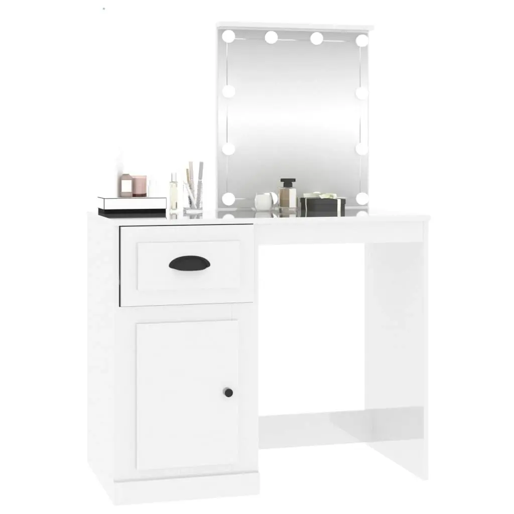 Dressing Table with LED High Gloss White 90x50x132.5 cm Engineered Wood 816770