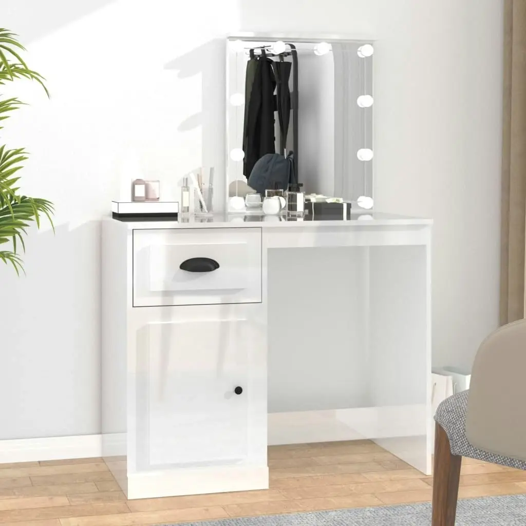 Dressing Table with LED High Gloss White 90x50x132.5 cm Engineered Wood 816770