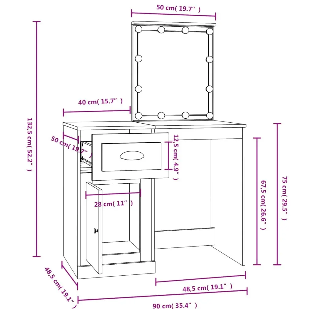 Dressing Table with LED High Gloss White 90x50x132.5 cm Engineered Wood 816770