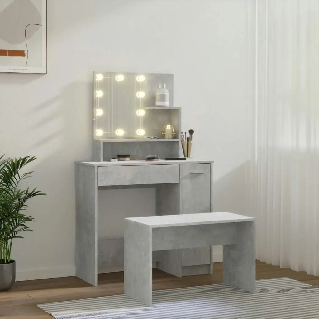 Dressing Table Set with LED Concrete Grey Engineered Wood 3114118