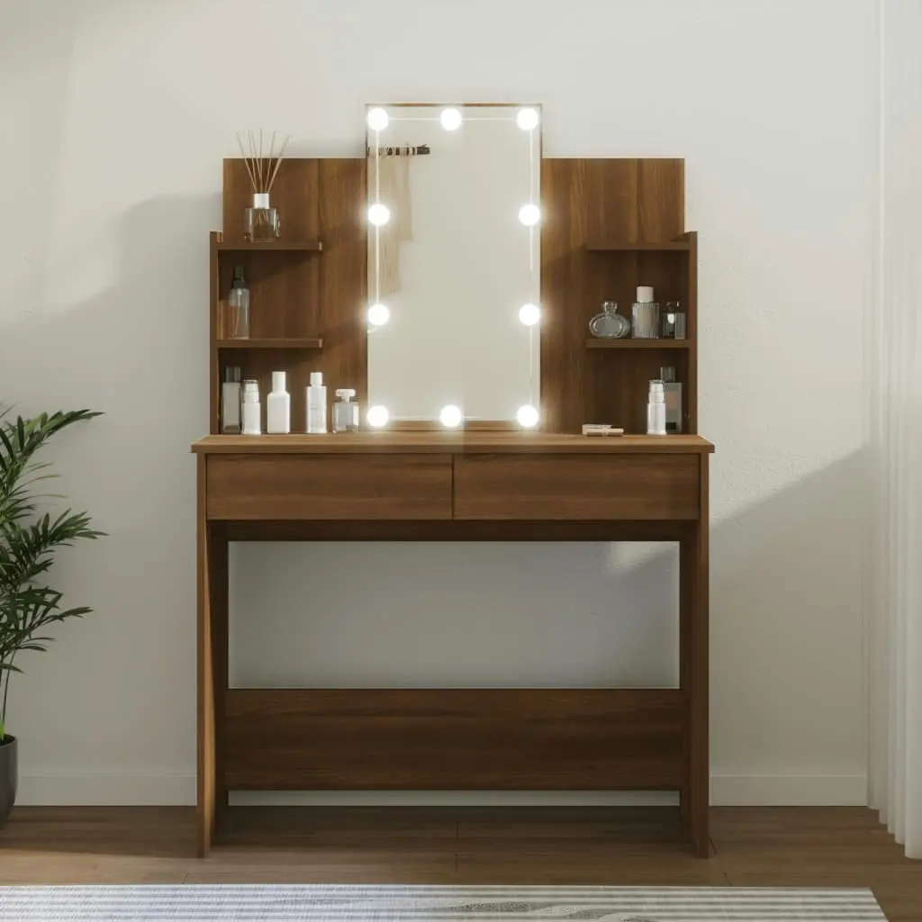 Dressing Table with LED Brown Oak 96x40x142 cm 820489