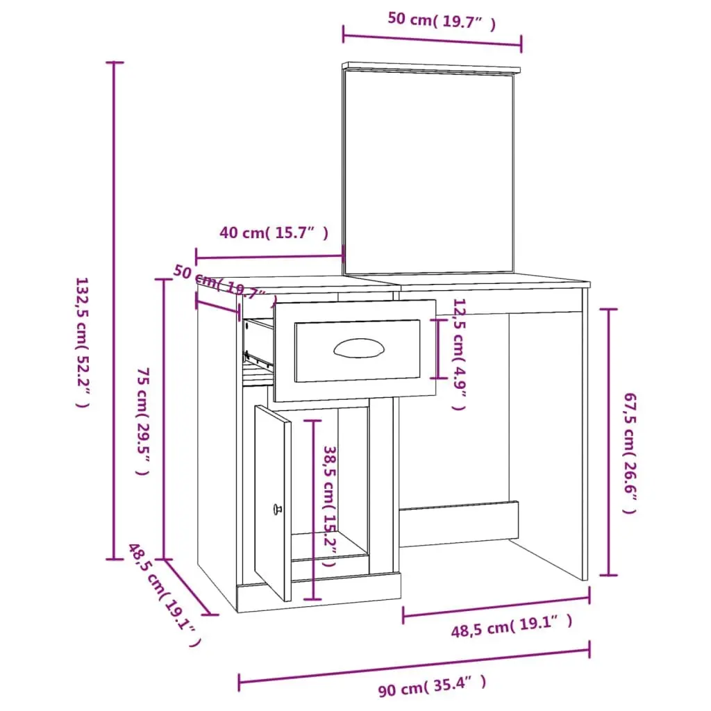 Dressing Table with Mirror Sonoma Oak 90x50x132.5 cm Engineered Wood 816763